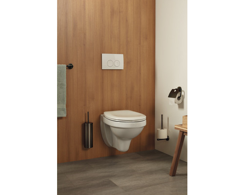 Moderne badkamer met wandcloset, bedieningspaneel, toiletborstel en papierhouder.