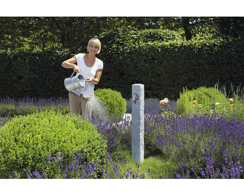 Vrouw geeft planten water in een tuin met een stenen kraan en lavendel