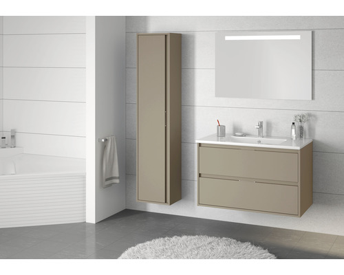 Moderne badkamer met wastafelonderkast, spiegelkast en hoge kast