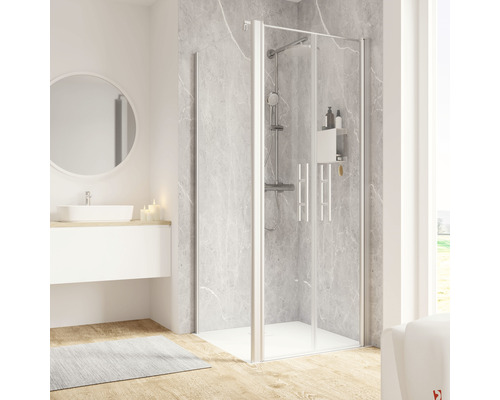 SCHULTE Douchedeur met zijwand Garant 2.0 aluminium 90x90 cm helder glas Badkamer met douchecabine, wastafel en spiegel voor een lichte en moderne sfeer.