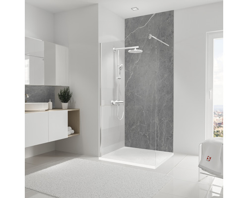 SCHULTE Doucheachterwand DecoDesign grijs 255x100 cm Moderne badkamer met inloopdouche, wastafel en wit tapijt