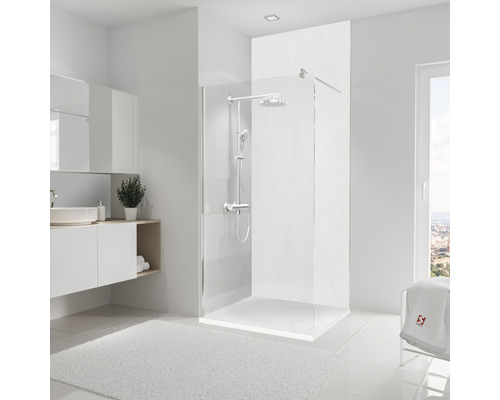 SCHULTE Douche achterwand Decodesign 255x150 cm wit Lichte badkamer met inloopdouche, wastafel en tapijt voor een moderne sfeer