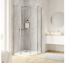 Elegante badkamer met ronde douchecabine, wastafel en spiegel