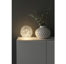 Decoratieve bolvormige tafellamp naast een vaas met planten op een kast
