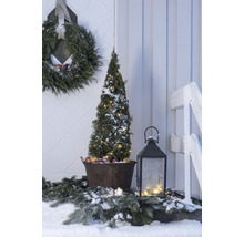 Winterse decoratie met dennen, lichtjes, lantaarn en appels voor een voordeur