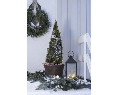Winterse decoratie met dennen, lichtjes, lantaarn en appels voor een voordeur