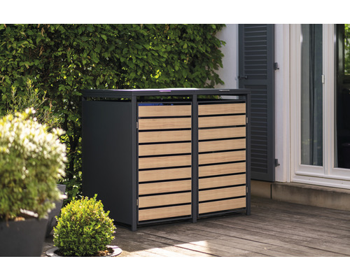 Dubbele afvalcontainerbox van metaal en hout voor buiten