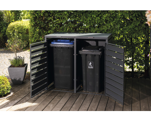 Afvalcontainerbox met twee afvalcontainers in de tuin