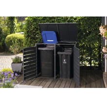 Afvalcontainerbox met twee afvalcontainers en open deksel in de tuin