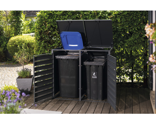 Afvalcontainerbox met twee afvalcontainers en open deksel in de tuin