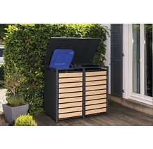 Dubbele afvalbak met houten bekleding en open deksel op een terras