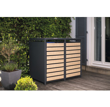 Dubbele afvalcontainerbox van metaal en houten latten op een terras
