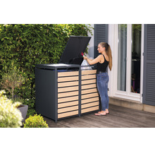 Afvalcontainerbox voor twee afvalcontainers met houten bekleding en openend deksel