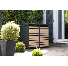 Afvalcontainerberging met twee vakken en houten bekleding in de tuin