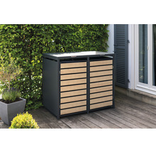 Dubbele afvalbak met houten bekleding op een terras