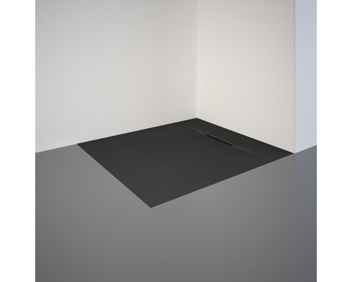 Hoekdouche met douchegoot en donkere vloer