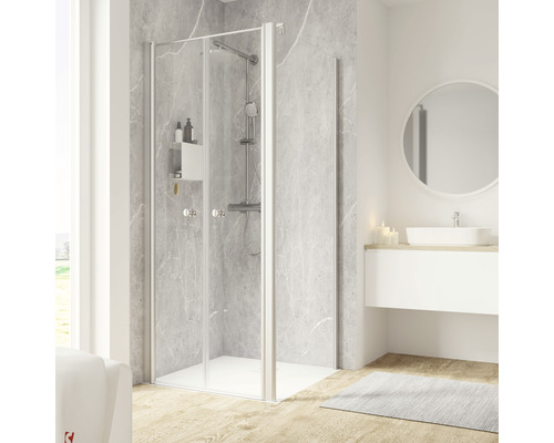 SCHULTE Douchedeur met zijwand Garant 2.0 aluminium 90x90 cm helder glas Badkamer met douchecabine met twee draaideuren, wastafel en spiegel