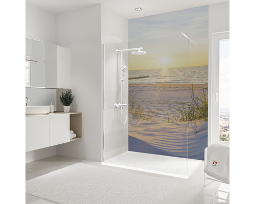 SCHULTE Doucheachterwand Decodesign beige 255x150 cm Moderne badkamer met douchecabine, wastafel en strandmotief