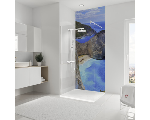 SCHULTE Doucheachterwand Decodesign blauw 255x100 cm Lichte badkamer met douchecabine en een foto van een kustlandschap