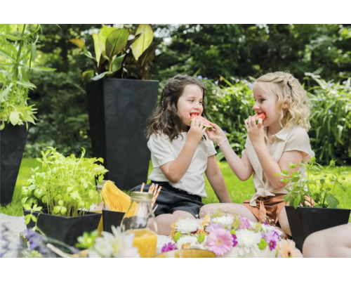 Twee meisjes eten watermeloen tijdens een picknick in de tuin, omringd door plantenbakken.