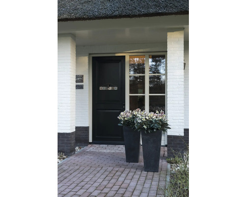 Voordeur met decoratie en planten in plantenbakken