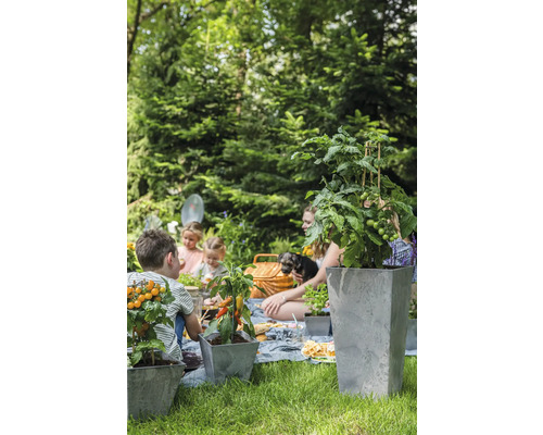 Tuinscene met familie en beplante plantenbakken op een picknickkleed