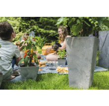 Familie tuinscène met betonnen plantenbakken, picknickkleed en mensen