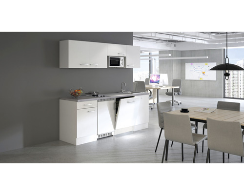 Moderne kantoorkeuken met gootsteen, vaatwasser, magnetron en opslagruimte