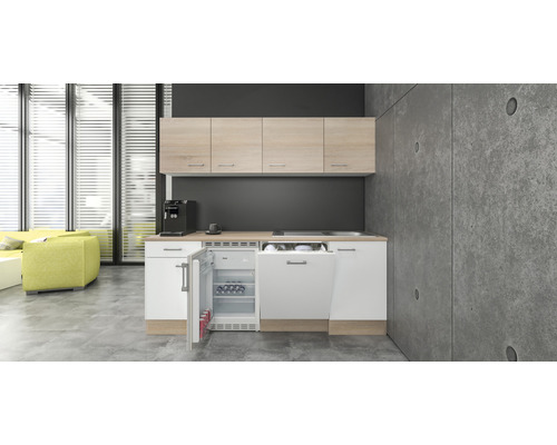 FLEX WELL Keukenblok Samoa wit sonoma eiken 210x60 cm Moderne kitchenette met koelkast, vaatwasser en bovenkasten in een lichte ruimte