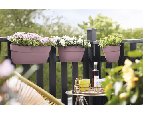 Drie beplante balkonbakken hangen aan een reling