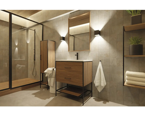 Moderne badkamer met douche, wastafel en plank