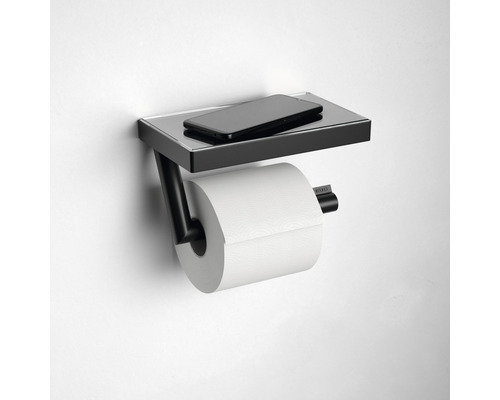 Toiletpapierhouder met plank en mobiele telefoon