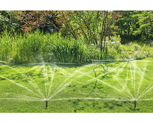 Tuinscene met gazonsproeiers die een groen gazon besproeien.