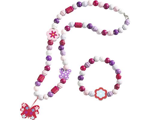 Halsketting en armband van houten kralen met bloem- en vlindermotieven