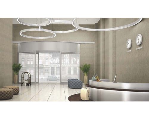 Lichte ontvangsthal met draaideur, receptie en ronde plafondlampen