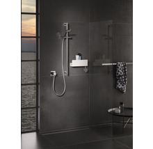 Moderne badkamer met doucheruimte, douchestang en opbergruimte voor douchebenodigdheden.