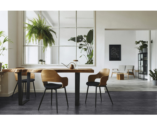 Lichte eetkamer met houten tafel, stoelen en kamerplanten voor een vriendelijke sfeer.