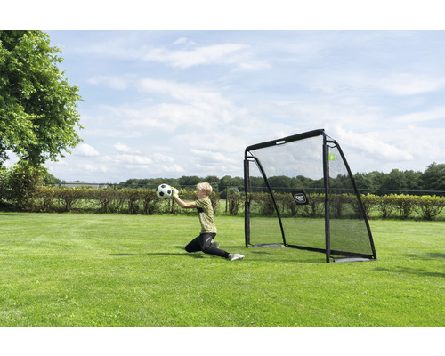 Buitenscène met een voetbaldoel en een keeper die een bal vangt op een gazon.