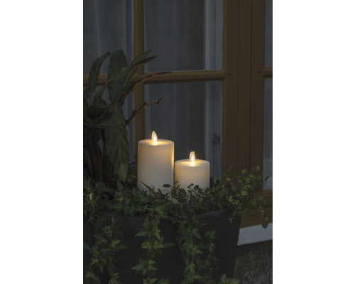 Twee led-kaarsen van echte was in plantenbak met groene planten