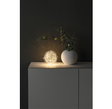 Decoratieve opstelling met een lichtgevende draadbal, een vaas en takken op een kast.
