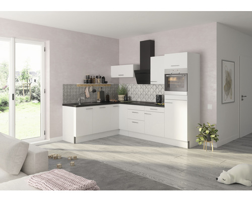 OPTIFIT Hoekkeuken met apparatuur Bengt932 wit mat 270x200 cm Lichte keuken met witte kasten, zwart werkblad en afzuigkap.