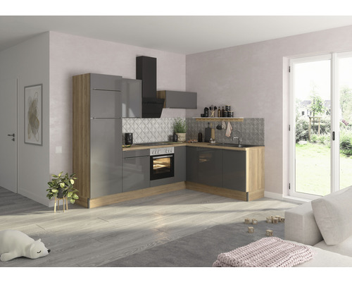 OPTIFIT Hoekkeuken met apparatuur Linus984 antraciet mat 270x60 cm Lichte keuken met grijze kasten, afzuigkap en houten elementen
