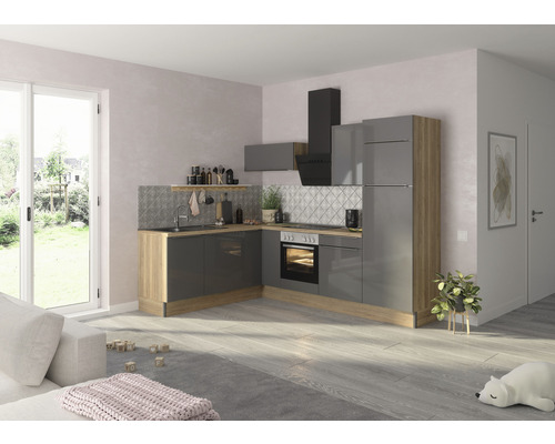 OPTIFIT Hoekkeuken met apparatuur Linus984 antraciet mat 270x60 cm Moderne keuken met grijze kasten en houten accenten in een lichte ruimte.