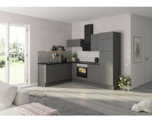 OPTIFIT Hoekkeuken met apparatuur Mats825 basaltgrijs mat 270x60 cm Moderne keuken met grijze kasten, afzuigkap en betegelde achterwand