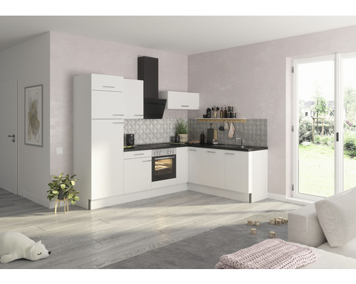 OPTIFIT Hoekkeuken met apparatuur Rurik986 wit mat 270x60 cm Moderne keuken met witte kasten, zwart aanrechtblad en afzuigkap.
