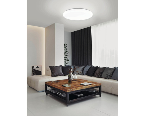 Lichte woonkamer met ronde plafondlamp, bank en houten tafel