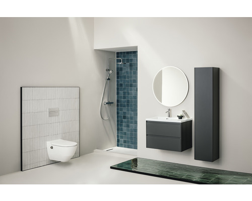 Badkamer met toilet, douche, wastafel, spiegel en hoge kast