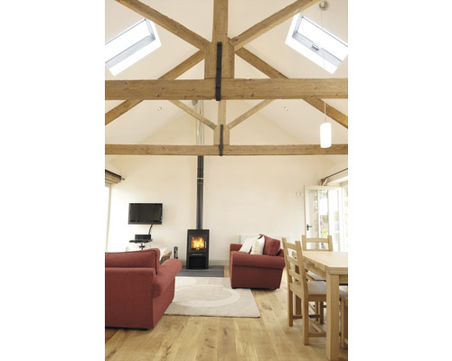 Interieur met houten balkenplafond, houtkachel en zitmeubelen