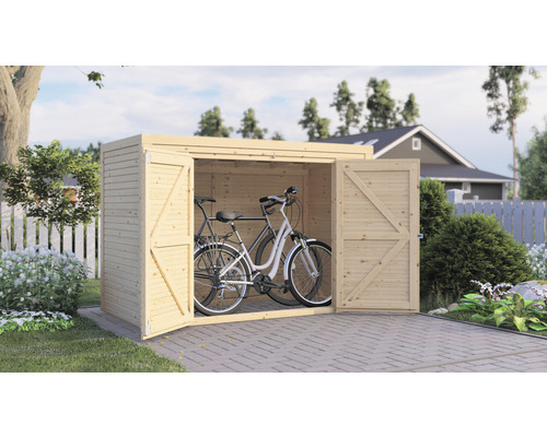 BERTILO Tuinkast/ fietsgarage Fineline onbehandeld vurenhout 207x103x143 cm Houten fietsenschuur met twee fietsen en open deuren