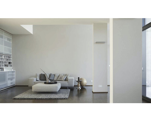 Lichte woonkamer met bank, vloerkleed en rekken